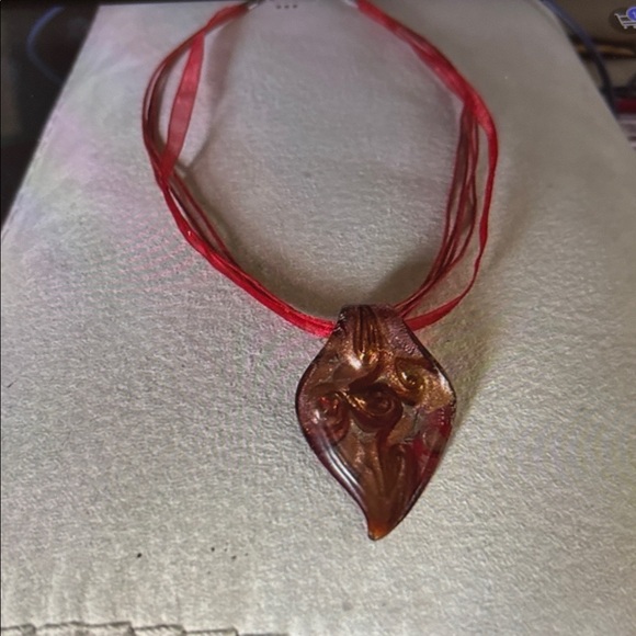 Murano Red and Gold Glass Pendant Necklace - Picture 3 of 6